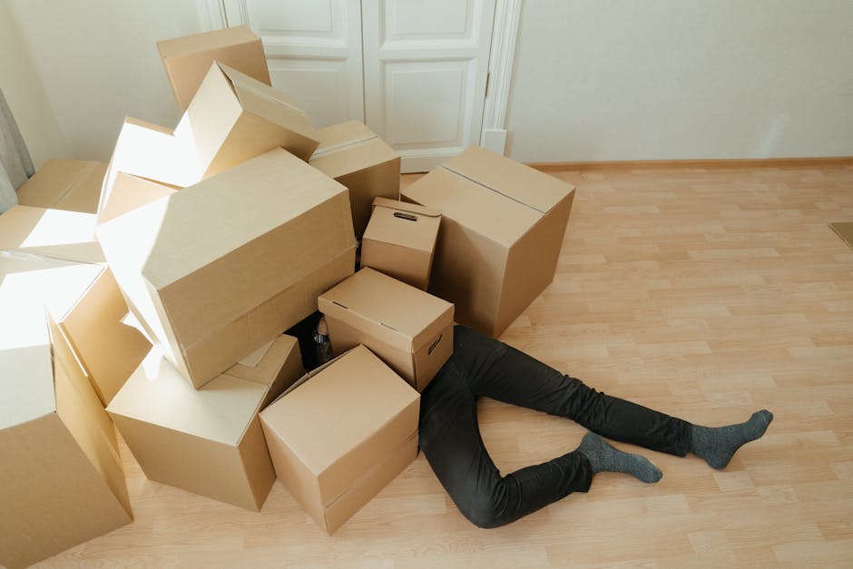 A young man and woman inside a room filled with cardboard moving boxes of various sizes, some labeled with handwritten notes such as 'BOOKS.' The man, wearing a grey hoodie, is seated on the floor and looking at the woman with a slight smile, while the woman, dressed in a white top, is holding an open book or folder and appears to be reading or discussing it. Behind them, there is a window with sheer curtains allowing natural light to illuminate the scene, and additional boxes are stacked on a windowsill and nearby surfaces. Visibility of packing materials such as plastic wrap or packing paper is not apparent, but the scene suggests an ongoing home relocation process managed by Removal Companies Lambeth. The setting indicates an interior environment prepared for moving or unpacking, with people engaged in organizing or boxing belongings as part of furniture transport or moving logistics activities.